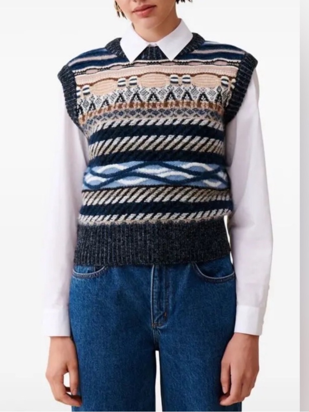 Magaschoni Fair Isle V-Neck Sweater Vest in Navy, Cream and Beige